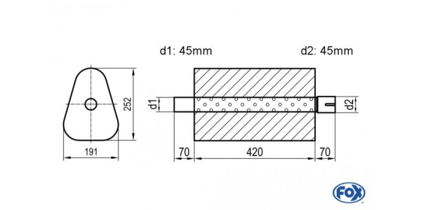 FOX Uni-Schalldämpfer Dreieckig mit Stutzen - Abwicklung 725 191x252mm, d1Ø 45mm außen/ d2Ø 45mm innen - Länge: 420mm