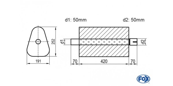 FOX Uni-Schalldämpfer Dreieckig mit Stutzen - Abwicklung 725 191x252mm, d1Ø 50mm außen/ d2Ø 50mm innen - Länge: 420mm