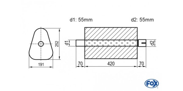 FOX Uni-Schalldämpfer Dreieckig mit Stutzen - Abwicklung 725 191x252mm, d1Ø 55mm außen/ d2Ø 55mm innen - Länge: 420mm