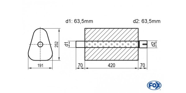 FOX Uni-Schalldämpfer Dreieckig mit Stutzen - Abwicklung 725 191x252mm, d1Ø 63,5mm außen/ d2Ø 63,5mm innen - Länge: 420mm