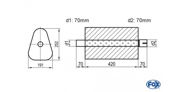 FOX Uni-Schalldämpfer Dreieckig mit Stutzen - Abwicklung 725 191x252mm, d1Ø 70mm außen/ d2Ø 70mm innen - Länge: 420mm