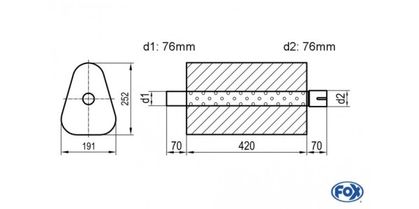 FOX Uni-Schalldämpfer Dreieckig mit Stutzen - Abwicklung 725 191x252mm, d1Ø 76mm außen/ d2Ø 76mm innen - Länge: 420mm