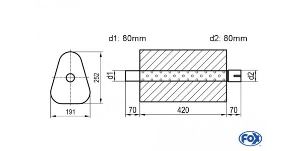 FOX Uni-Schalldämpfer Dreieckig mit Stutzen - Abwicklung 725 191x252mm, d1Ø 80mm außen/ d2Ø 80mm innen - Länge: 420mm