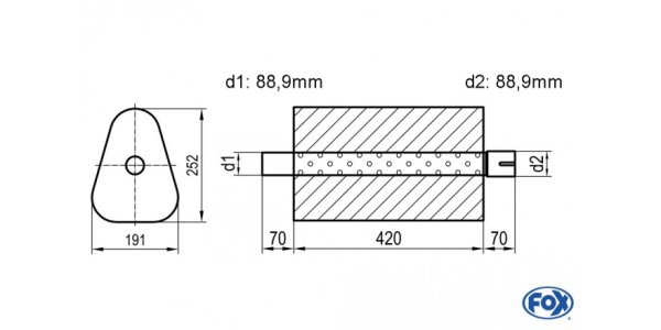 FOX Uni-Schalldämpfer Dreieckig mit Stutzen - Abwicklung 725 191x252mm, d1Ø 88,9mm außen/ d2Ø 88,9mm innen - Länge: 420mm