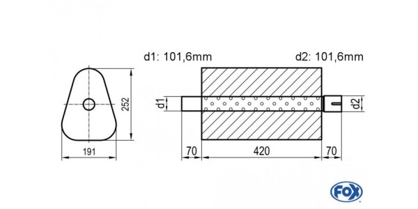 FOX Uni-Schalldämpfer Dreieckig mit Stutzen - Abwicklung 725 191x252mm, d1Ø 101,6mm außen/ d2Ø 101,6mm innen - Länge: 420mm