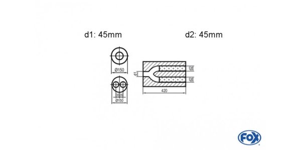 FOX Uni-Silencer around double flow with Hose - completion 466 Ø150mm, d1Ø 45mm d2Ø 45mm, length: 420mm