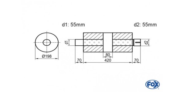 FOX Uni-Silencer around with chamber + Nozzle - Abw. 626 Ø 198mm, d1Ø 55mm (outside) d2Ø 55,5mm (inner), length: 420mm