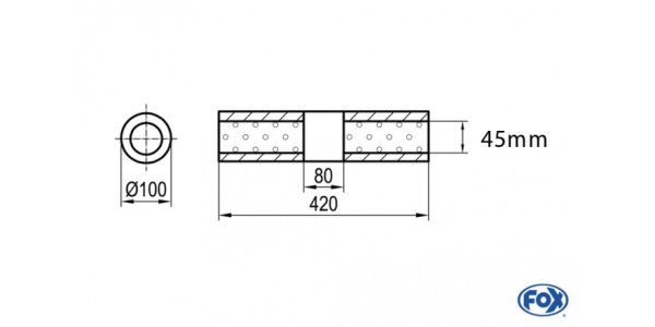 FOX Uni-Silencer around w/o Nozzle with chamber - Abw. 314 Ø 100mm, d1Ø 45mm (outside), length: 420mm