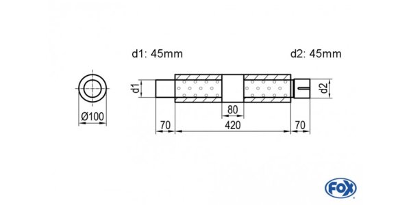 FOX Uni-Silencer around with chamber + Nozzle - Abw. 314 Ø 100mm, d1Ø 45mm (outside), d2Ø 45mm (inner), length: 420mm