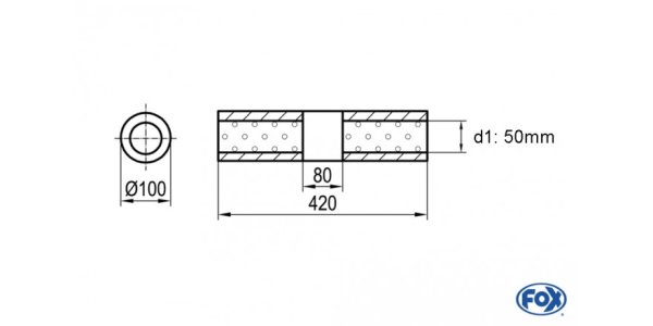 FOX Uni-Silencer around w/o Nozzle with chamber - Abw. 314 Ø 100mm, d1Ø 50mm (outside), length: 420mm