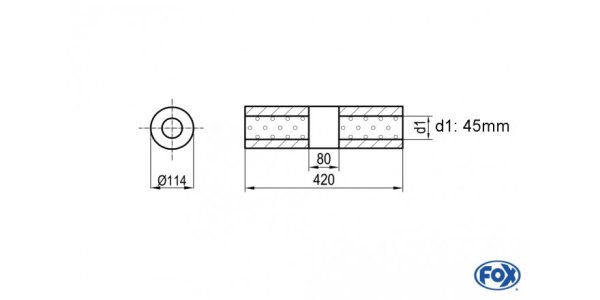 FOX Uni-Silencer around w/o Nozzle with chamber - Abw. 355 Ø 114mm, d1Ø 45mm (outside), length: 420mm