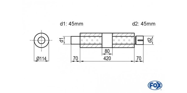 FOX Uni-Silencer around with chamber + Nozzle - Abw. 355 Ø 114mm, d1Ø 45mm (outside), d2Ø 45mm (inner), length: 420mm