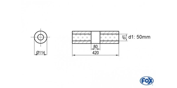 FOX Uni-Silencer around w/o Nozzle with chamber - Abw. 355 Ø 114mm, d1Ø 50mm (outside), length: 420mm