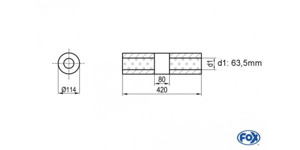 FOX Uni-Silencer around w/o Nozzle with chamber - Abw. 355 Ø 114mm, d1Ø 63,5mm (outside), length: 420mm