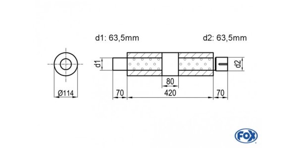 FOX Uni-Silencer around with chamber + Nozzler - Abw. 355 Ø 114mm, d1Ø 63,5mm (outside), d2Ø 63,5mm (inner), length: 420mm