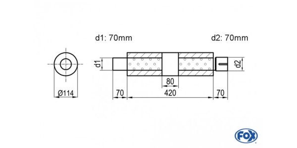 FOX Uni-Silencer around with chamber + Nozzle - Abw. 355 Ø 114mm, d1Ø 70mm (outside), d2Ø 70mm (inner), length: 420mm