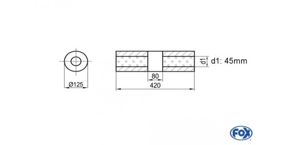 FOX Uni-Silencer around w/o Nozzle with chamber - Abw. 390 Ø 125mm, d1Ø 45mm (outside), length: 420mm