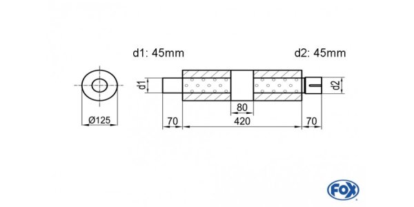 FOX Uni-Silencer around with chamber + Nozzle - Abw. 390 Ø 125mm, d1Ø 45mm (outside), d2Ø 45mm (inner), length: 420mm