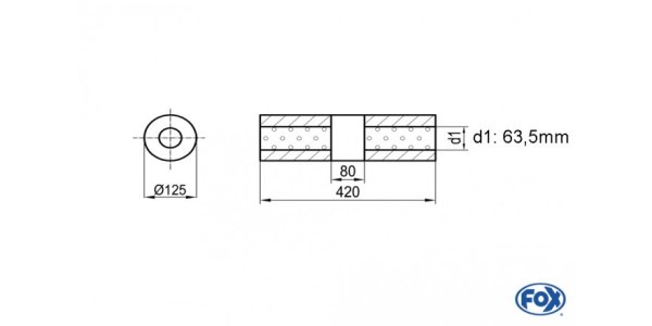 FOX Uni-Silencer around w/o Nozzle with chamber - Abw. 390 Ø 125mm, d1Ø 63,5mm (outside), length: 420mm