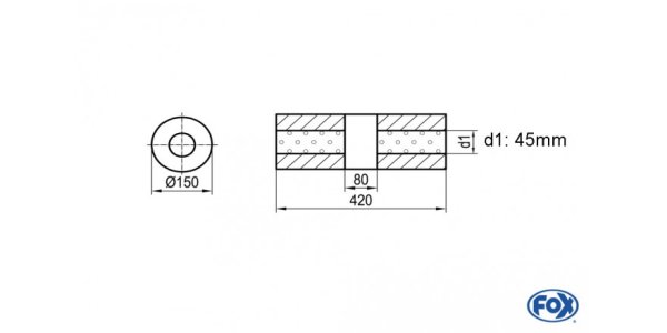 FOX Uni-Silencer around w/o Nozzle with chamber - Abw. 466 Ø 150mm, d1Ø 45mm (outside), length: 420mm