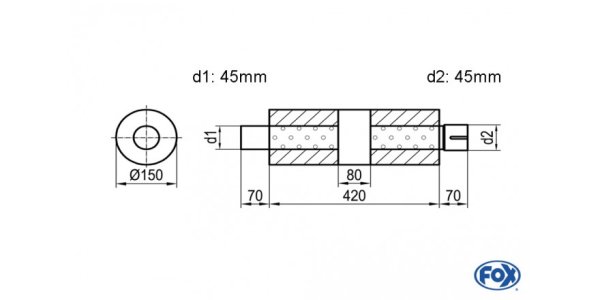 FOX Uni-Silencer around with chamber + Nozzle - Abw. 466 Ø 150mm, d1Ø 45mm (outside), d2Ø 45mm (inner), length: 420mm