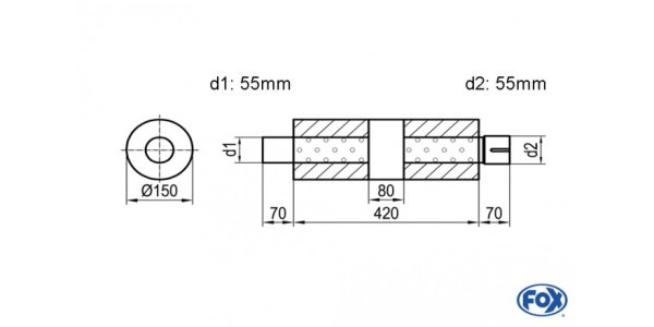 FOX Uni-Silencer around with chamber + Nozzle - Abw. 466 Ø 150mm, d1Ø 55mm (outside), d2Ø 55mm (inner), length: 420mm