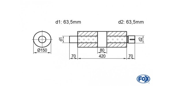 FOX Uni-Silencer around with chamber + Nozzle - Abw. 466 Ø 150mm, d1Ø 63,5mm (outside), d2Ø 63,5mm (inner), length: 420mm