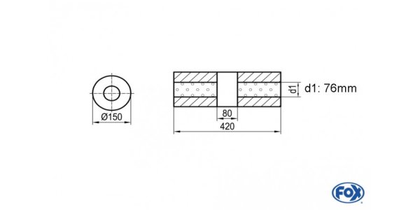 FOX Uni-Silencer around w/o Nozzle with chamber - Abw. 466 Ø 150mm, d1Ø 76mm (outside), length: 420mm