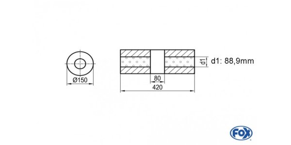 FOX Uni-Silencer around w/o Nozzle with chamber - Abw. 466 Ø 150mm, d1Ø 88,9mm (outside), length: 420mm