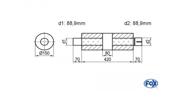 FOX Uni-Silencer around with chamber + Nozzle - Abw. 466 Ø 150mm, d1Ø 88,9mm (outside), d2Ø 88,9mm (inner), length: 420mm