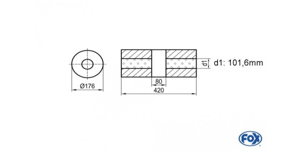 FOX Uni-Silencer around w/o Nozzle with chamber - Abw. 556 Ø 176mm, d1Ø101,6mm (outside), length: 420mm