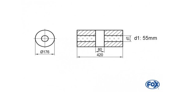 FOX Uni-Schalldämpfer rund ohne Stutzen mit Kammer - Abw. 556 Ø 176mm, d1Ø 55mm (außen), Länge: 420mm