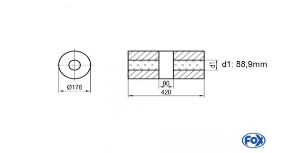 FOX Uni-Silencer around w/o Nozzle with chamber - Abw. 556 Ø 176mm, d1Ø88,9mm (outside), length: 420mm