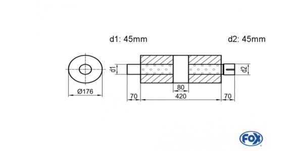 FOX Uni-Silencer around with chamber + Nozzle - Abw. 556 Ø 176mm, d1Ø 45mm (outside), d2Ø 45mm (inner), length: 420mm