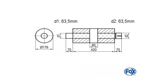 FOX Uni-Schalldämpfer rund mit Kammer + Stutzen - Abw. 556 Ø 176mm, d1Ø 63mm (außen), d2Ø 63mm (innen), Länge: 420mm