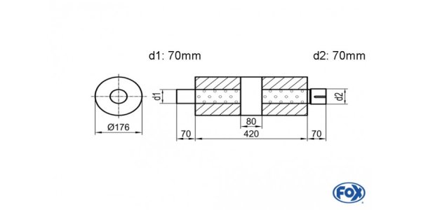 FOX Uni-Silencer around with chamber + Nozzle - Abw. 556 Ø 176mm, d1Ø 70mm (outside), d2Ø 70mm (inner), length: 420mm