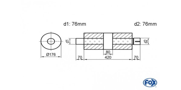 FOX Uni-Silencer around with chamber + Nozzle - Abw. 556 Ø 176mm, d1Ø 76mm (outside), d2Ø 76mm (inner), length: 420mm