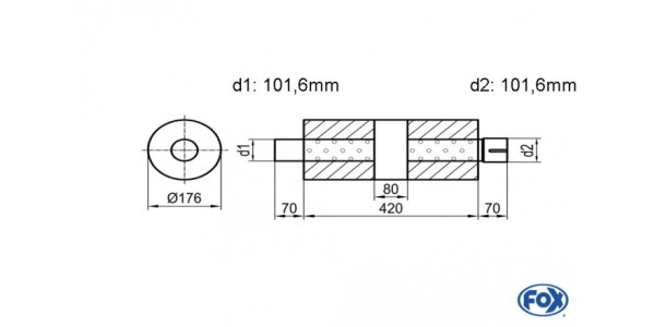 FOX Uni-Silencer around with chamber + Nozzle - Abw. 556 Ø 176mm, d1Ø 101,6mm (outside), d2Ø 101,6mm (inner), length: 420mm