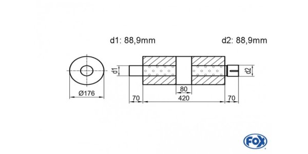 FOX Uni-Silencer around with chamber + Nozzle - Abw. 556 Ø 176mm, d1Ø 88,9mm (outside), d2Ø 88,9mm (inner), length: 420mm