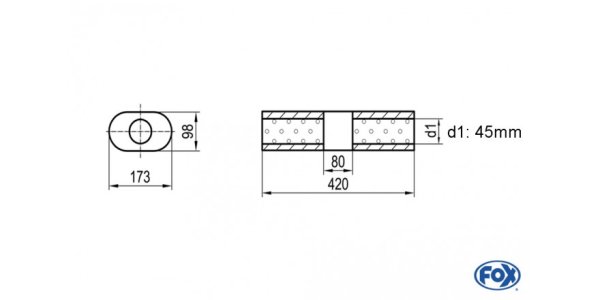 FOX Uni-Schalldämpfer Oval ohne Stutzen mit Kammer - Abw. 450 173x98mm, d1Ø 45mm (außen), Länge: 420mm