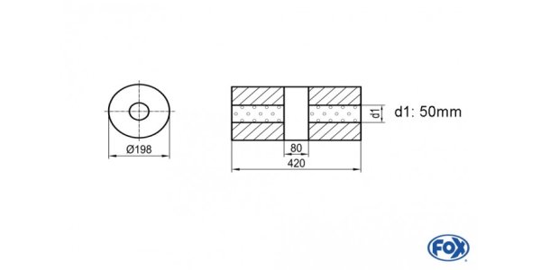 FOX Uni-Silencer around w/o Nozzle with chamber - Abw. 626 Ø 198mm, d1Ø 50mm (outside), length: 420mm