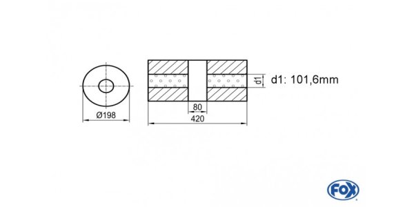 FOX Uni-Schalldämpfer rund ohne Stutzen mit Kammer - Abw. 626 Ø 198mm, d1Ø 101,6mm (außen), Länge: 420mm