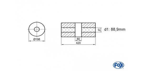 FOX Uni-Silencer around w/o Nozzle with chamber - Abw. 626 Ø 198mm, d1Ø 88,9mm (outside), length: 420mm