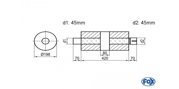 FOX Uni-Silencer around with chamber + Nozzle - Abw. 626 Ø 198mm, d1Ø 45mm (outside), d2Ø 45mm (inner), length: 420mm