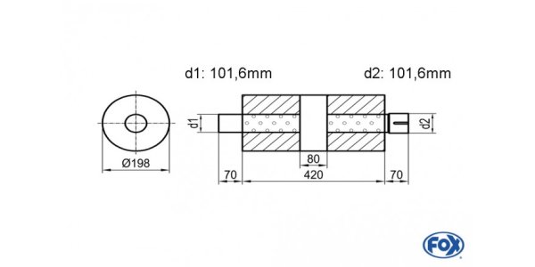 FOX Uni-Silencer around with chamber + Nozzle - Abw. 626 Ø 198mm, d1Ø 101mm (outside) d2Ø 101mm (inner) , length: 420mm