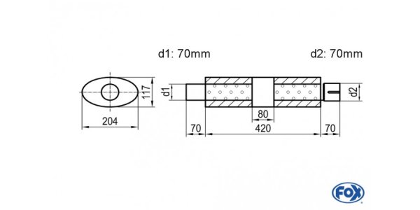 FOX Uni-Silencer Oval with chamber + Nozzle - Abw. 525 204x117mm, d1Ø 70mm (outside), d2Ø 70mm (inner), length: 420mm