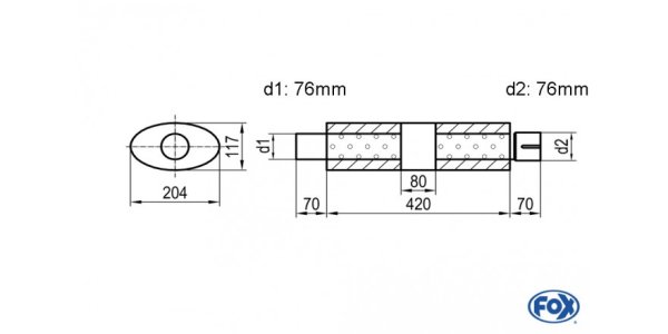 FOX Uni-Silencer Oval with chamber + Nozzle - Abw. 525 204x117mm, d1Ø 76mm (outside), d2Ø 76mm (inner), length: 420mm