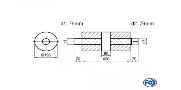 FOX Uni-Silencer around with chamber + Nozzle - Abw. 626 Ø 198mm, d1Ø 76mm (outside) d2Ø 76mm (inner), length: 420mm