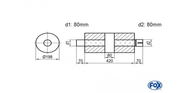 FOX Uni-Silencer around with chamber + Nozzle - Abw. 626 Ø 198mm, d1Ø 80mm (outside) d2Ø 80mm (inner), length: 420mm