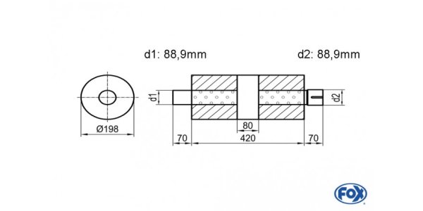 FOX Uni-Silencer around with chamber + Nozzle - Abw. 626 Ø 198mm, d1Ø 88,9mm (outside) d2Ø 88,9mm (inner), length: 420mm